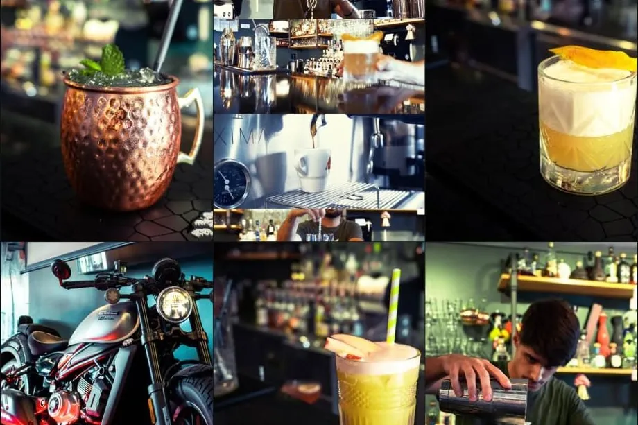 Grelha de Instagram do Armazém 8, com cocktails, o balcão e a equipa a trabalhar.